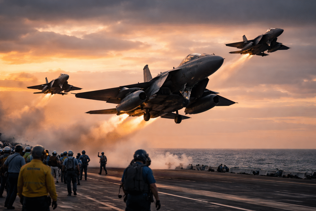 Photograph of fighter jets taking off from a military airbase at dusk, representing U.S. military capability and the article’s discussion of deterrence and intervention.