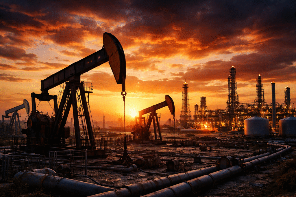 Oil pumpjacks and industrial energy infrastructure representing global energy markets reacting to geopolitical tensions.