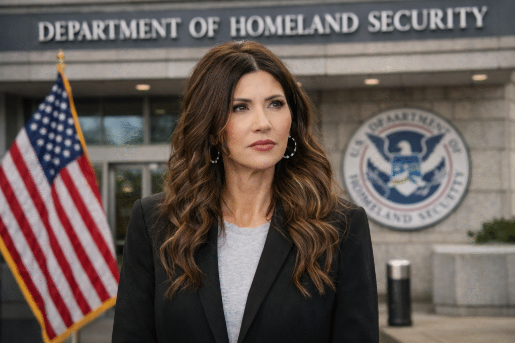 Kristi Noem speaking at a podium with a microphone, wearing a dark blazer, with American flags and uniformed personnel visible in the background.