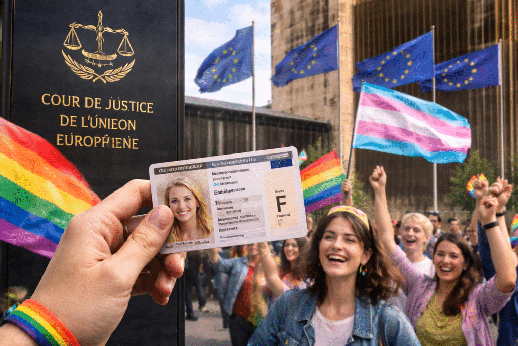 European Union flags outside the Court of Justice of the European Union building with people holding rainbow and transgender pride flags during a public gathering.
