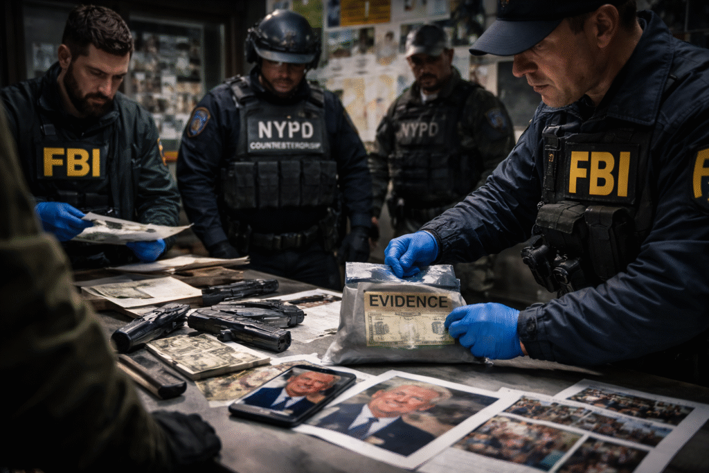 Law enforcement officers securing evidence during a terrorism investigation related to an alleged assassination plot against U.S. political figures.