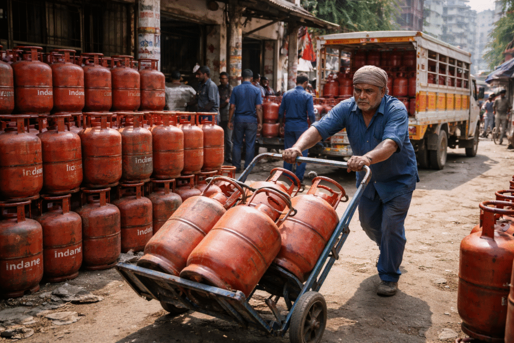 Stacks of cooking gas cylinders at a distribution depot in India as authorities move to secure domestic fuel supplies.