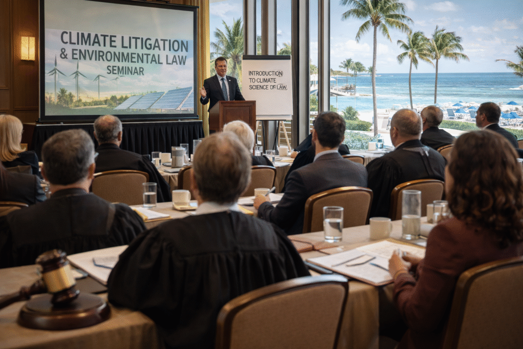 Realistic photo representing a legal seminar or conference where judges participate in training sessions related to climate litigation and environmental law.