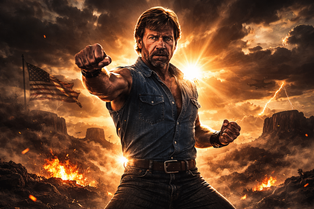 Silhouette of a strong figure in a martial arts stance under dramatic lighting, symbolizing exaggerated strength associated with viral internet humor.