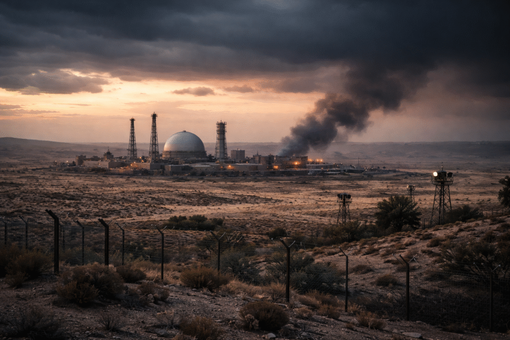 Distant desert nuclear facility with light smoke near horizon and security infrastructure under dramatic evening sky
