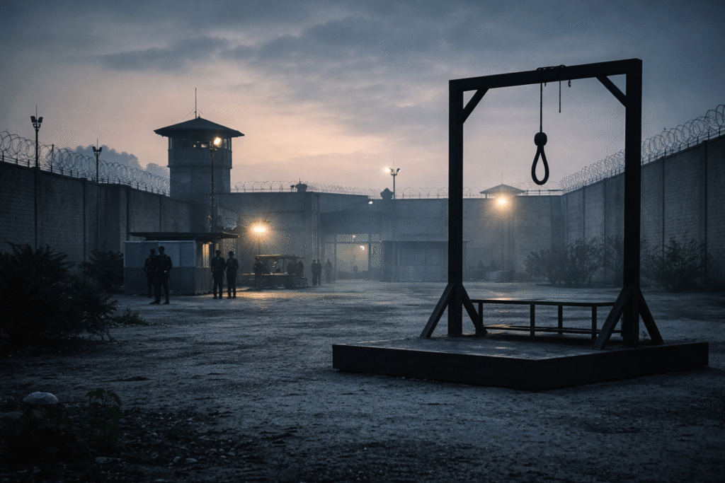 Exterior view of a prison facility in Iran at dawn with empty yard and security presence, symbolizing a recent execution case involving a young wrestler.