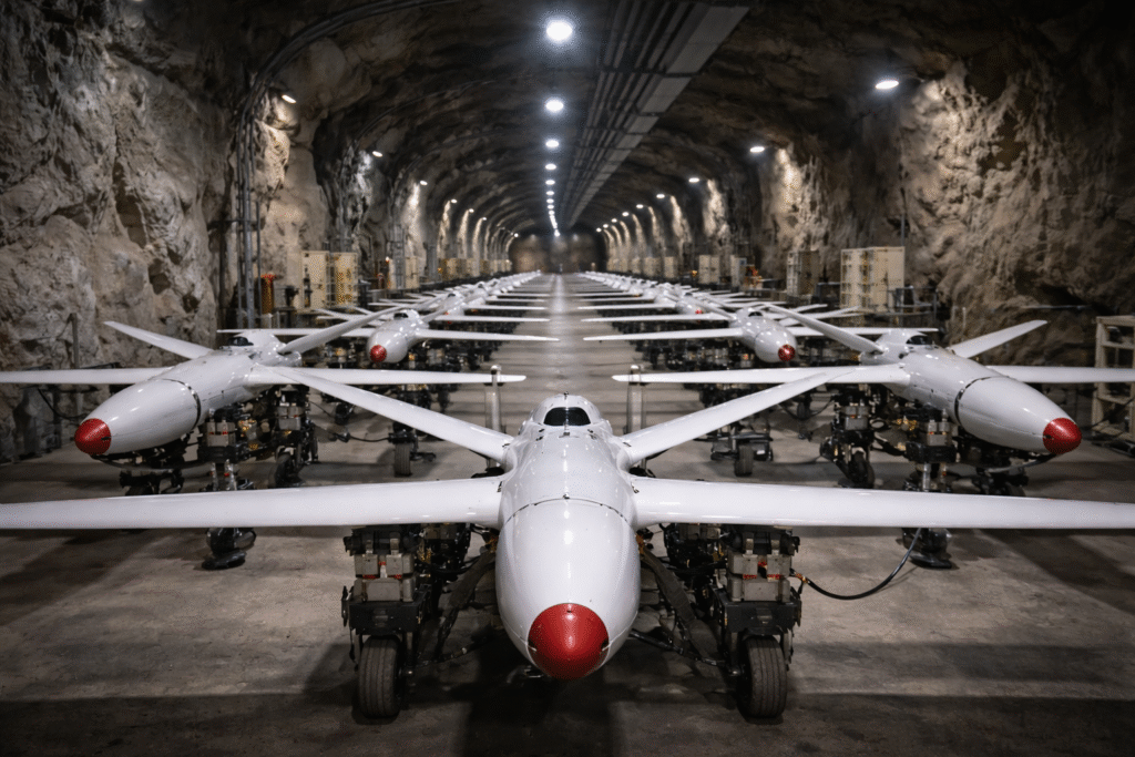 Rows of military drones stored inside a large underground bunker facility.