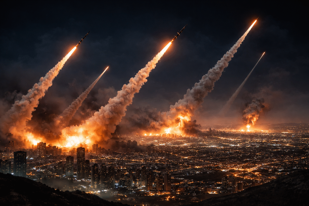 Missiles launching into the night sky over a distant city, with smoke and light trails indicating an active conflict zone.