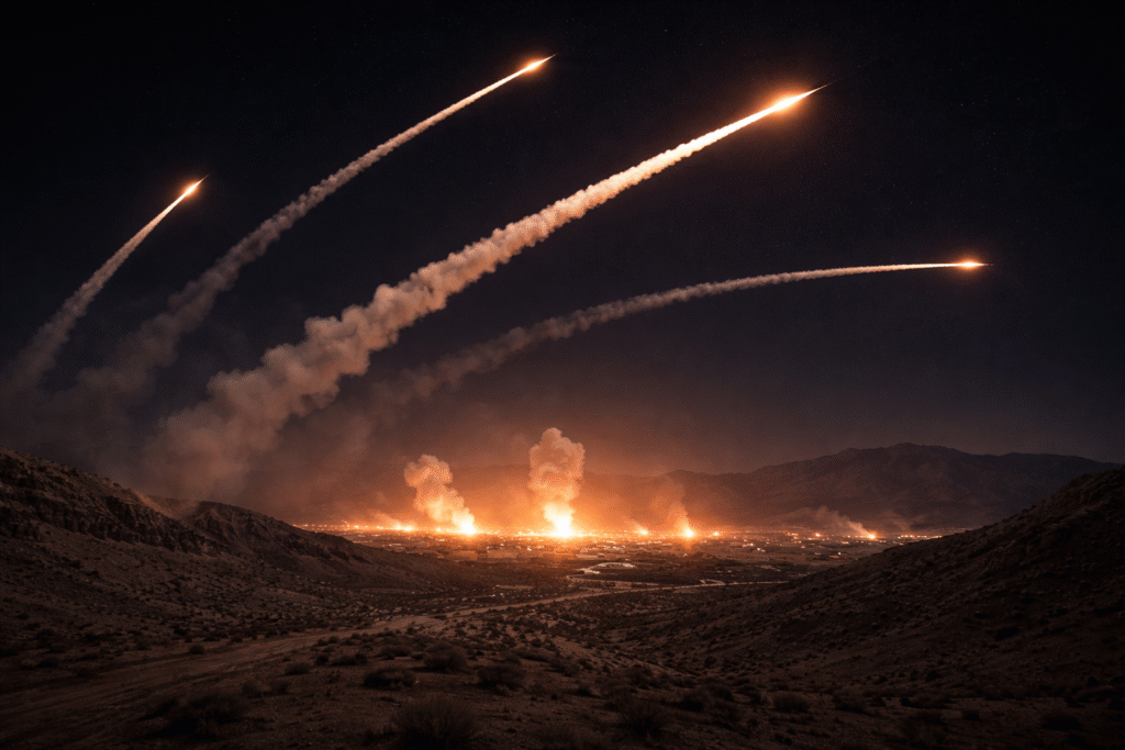 Missile trails streaking across a dark sky above a desert landscape, symbolizing escalating military conflict in the Middle East.