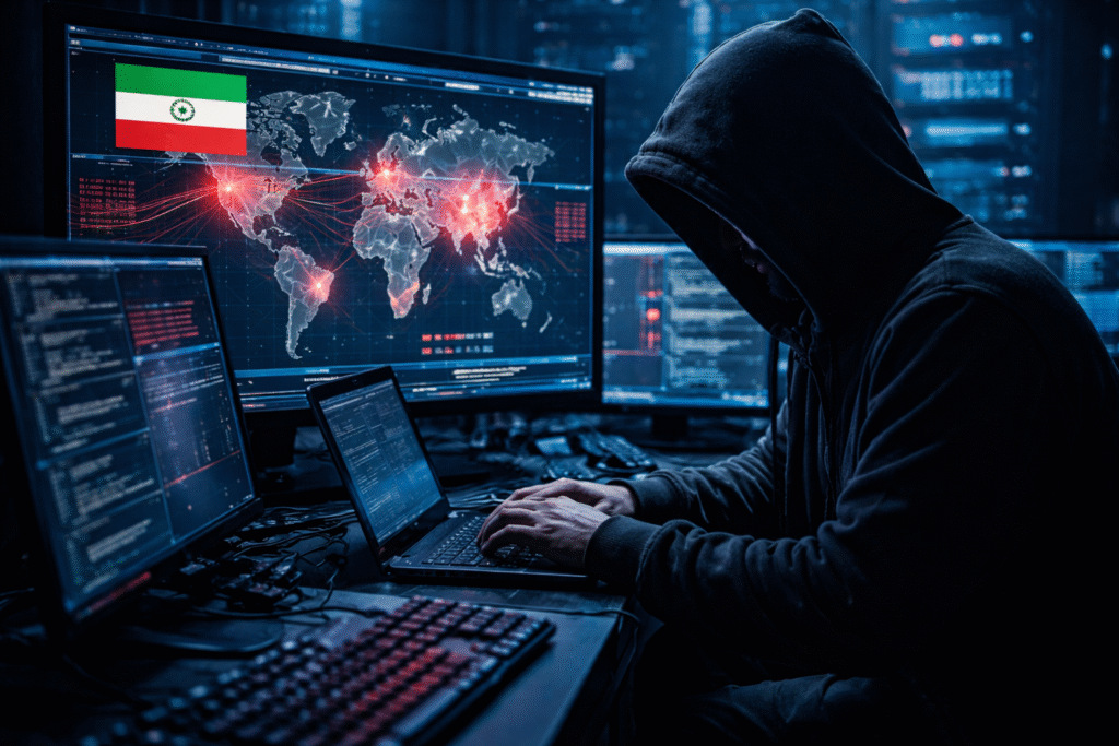 Dark cybersecurity scene showing a computer network under attack, symbolizing rising cyber threats linked to international conflict.