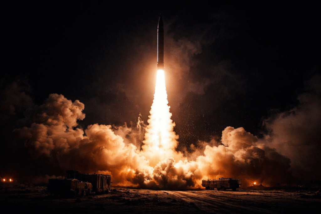 Ballistic missile launching into the night sky with a bright exhaust plume, symbolizing escalating tensions and nuclear threats in the Middle East.