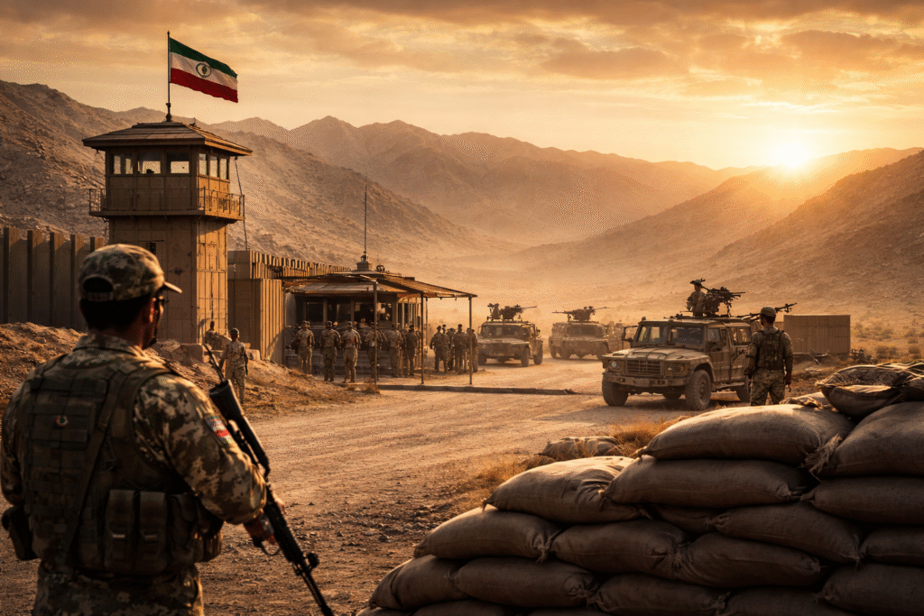 Military patrol and border checkpoint in a desert frontier region symbolizing rising regional security tensions in the Middle East.