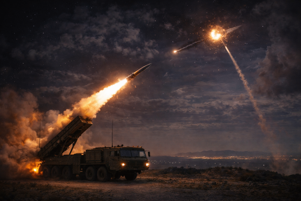 Missile defense system launching an interceptor rocket to destroy an incoming ballistic missile over the night sky.