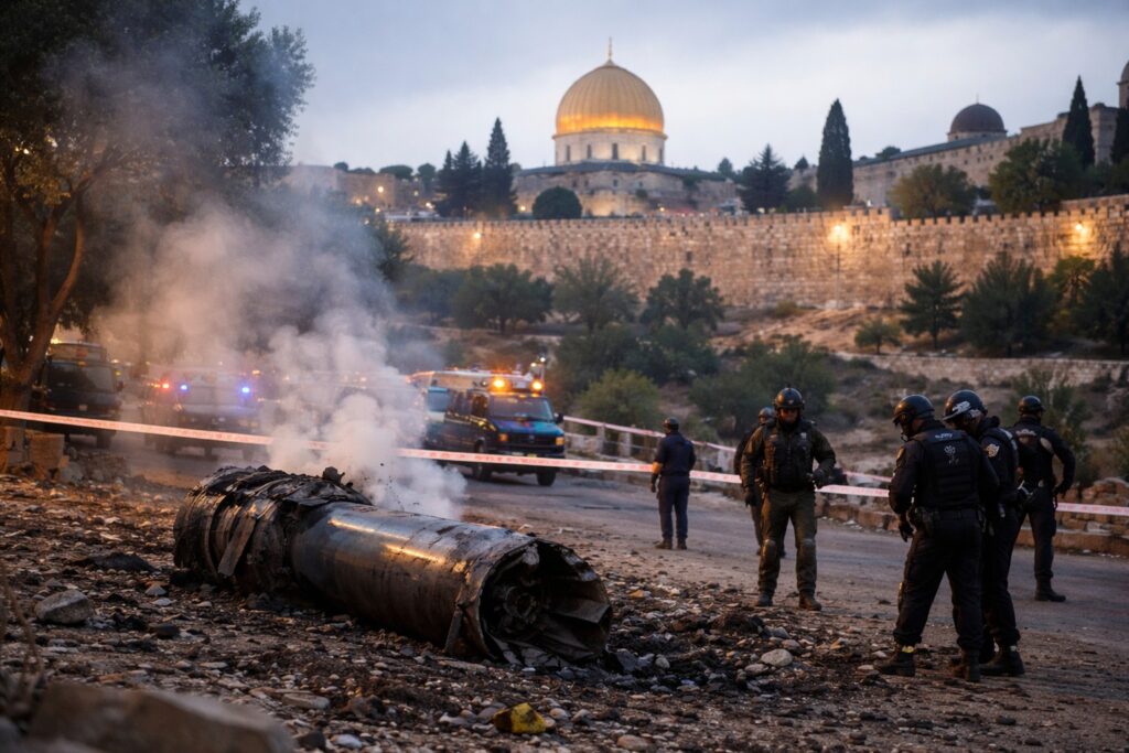 Photograph of a damaged missile warhead lying on a roadway near Jerusalem’s Old City, with smoke rising from the debris and police officers securing the scene, while the Dome of the Rock is visible in the background.