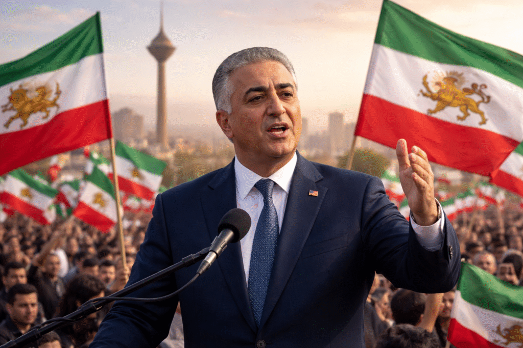 Exiled Iranian crown prince Reza Pahlavi speaking about political transition while Iranian flags are raised during an opposition gathering.