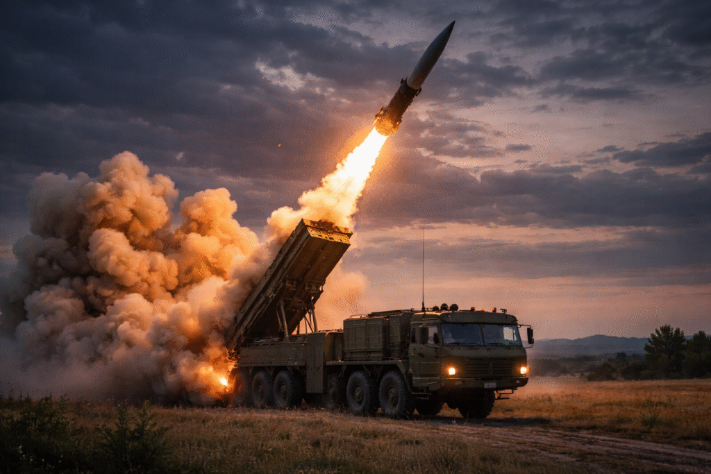 Mobile ballistic missile launcher firing a missile with a large plume of smoke during a military strike operation.