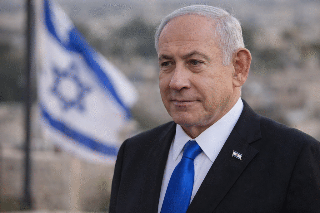 Benjamin Netanyahu standing outdoors in a dark suit and blue tie, with a blurred Israeli flag in the background.