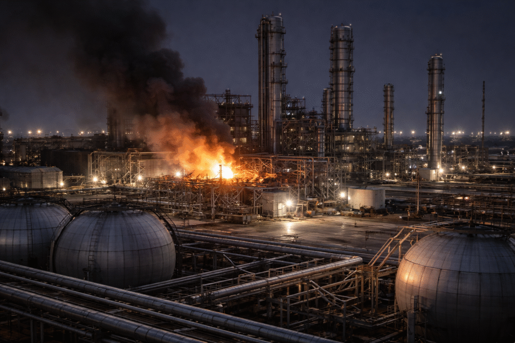 Natural gas facility at night with localized fire and smoke rising from damaged industrial structures while surrounding equipment remains intact.