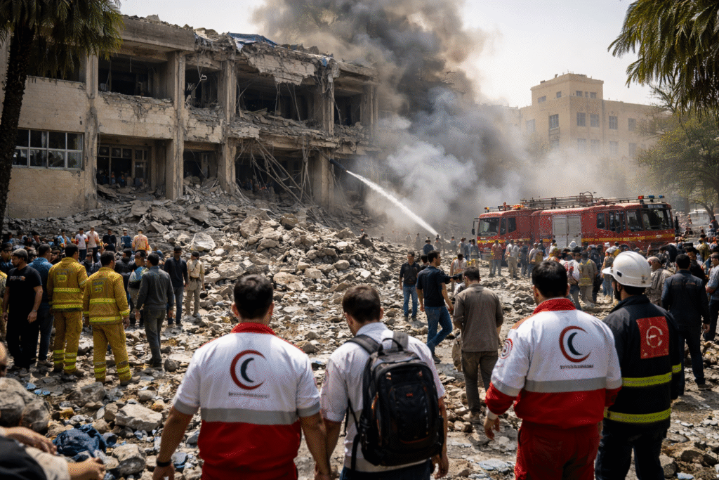 Photograph of emergency responders and damaged buildings in a Middle Eastern urban area following an airstrike, symbolizing reports of a strike on a school in southern Iran amid ongoing conflict.