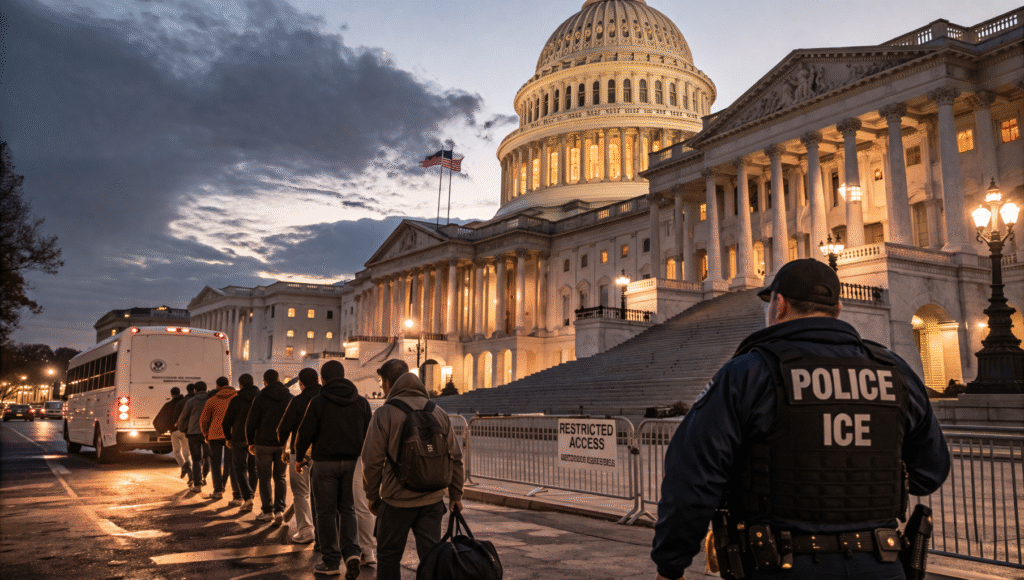 U.S. Capitol building illuminated at dusk with police vehicles and barricades positioned in front under a dramatic evening sky.