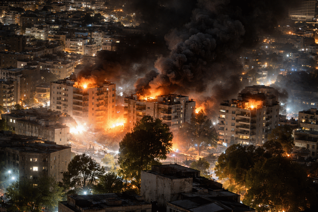 Nighttime cityscape with multiple residential buildings on fire, thick black smoke rising into the sky and bright flames illuminating the surrounding urban area.
