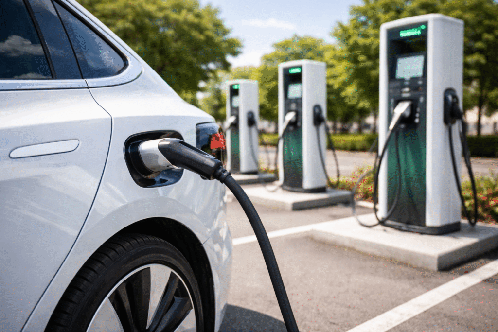 Electric vehicle plugged into a charging station in a parking lot during daylight.