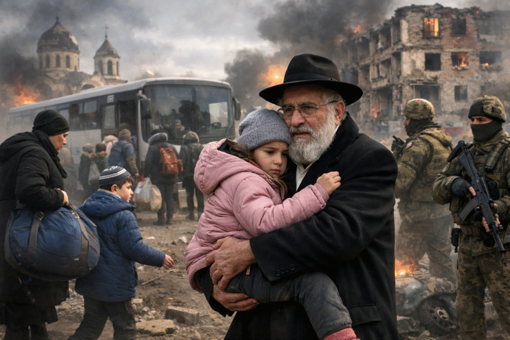 Elderly Jewish man holding a young child amid war-damaged buildings and smoke, with civilians boarding an evacuation bus and armed soldiers nearby in a разрушed urban area.
