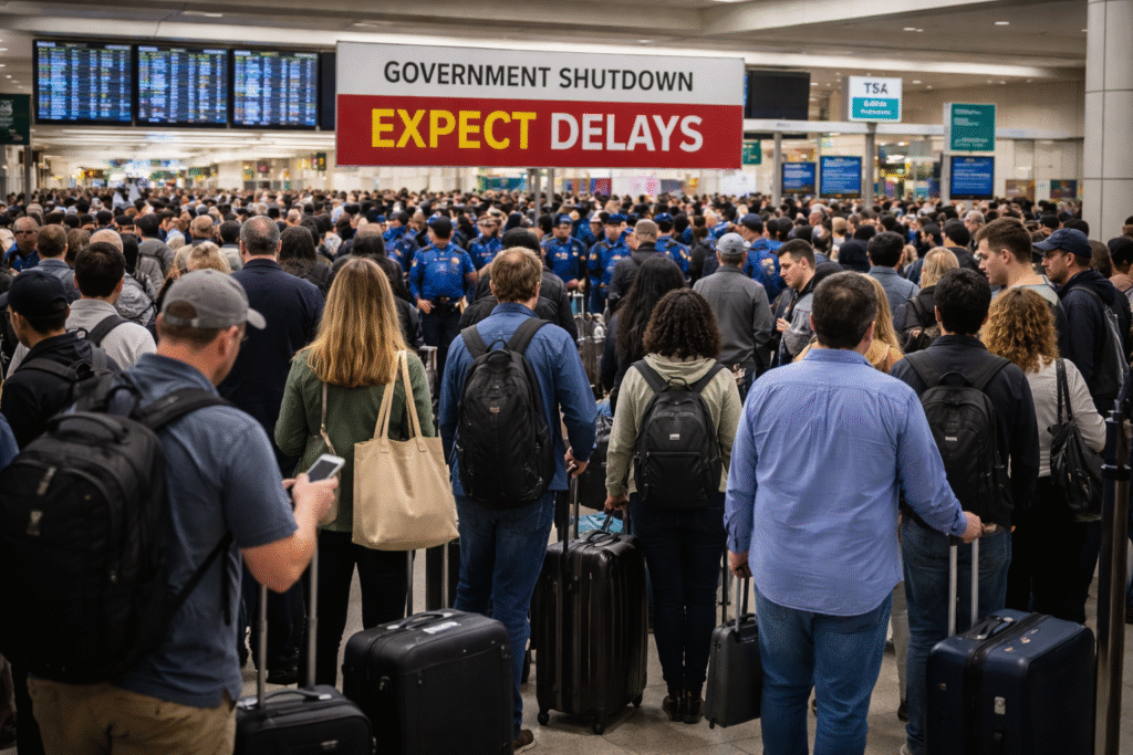 Crowded airport security checkpoint with long lines of travelers waiting with luggage as delays build during a government shutdown