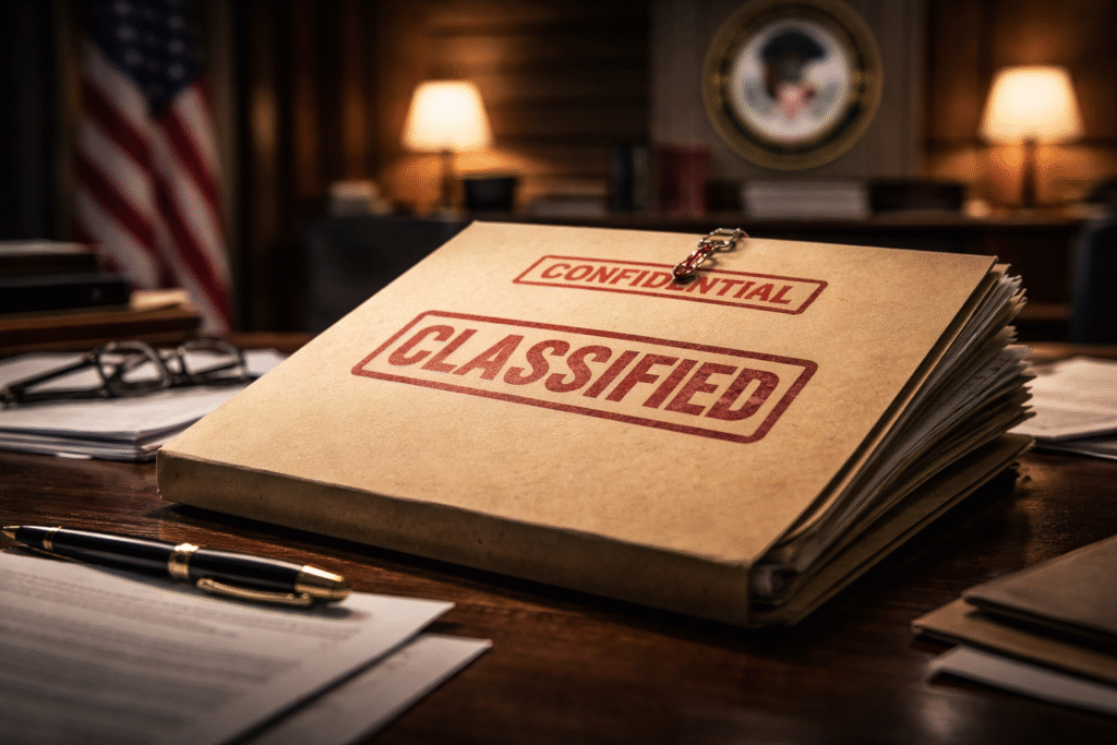 Closed confidential file folder on a desk in a dim office setting, symbolizing restricted access to sensitive investigative documents.
