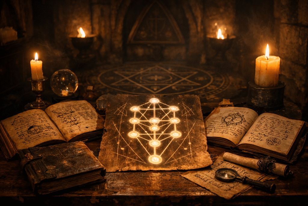Dimly lit scene showing ancient occult manuscripts and symbolic geometric diagrams resembling a mystical Tree of Life pattern associated with esoteric traditions.