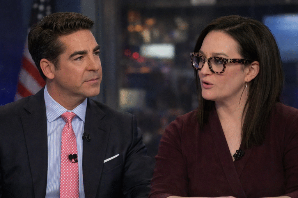 Jesse Watters and Lisa Kennedy Montgomery seated in a television studio, facing each other during a live discussion with a blurred newsroom background.
