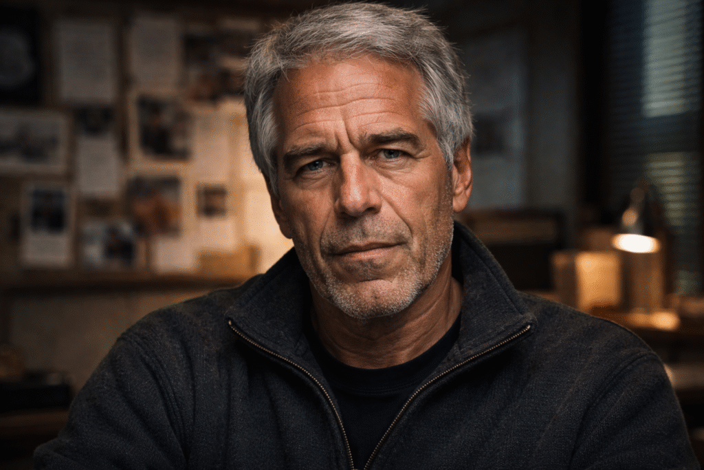 Portrait of Jeffrey Epstein with gray hair and serious expression, seated in a dimly lit office with documents and photos blurred in the background.