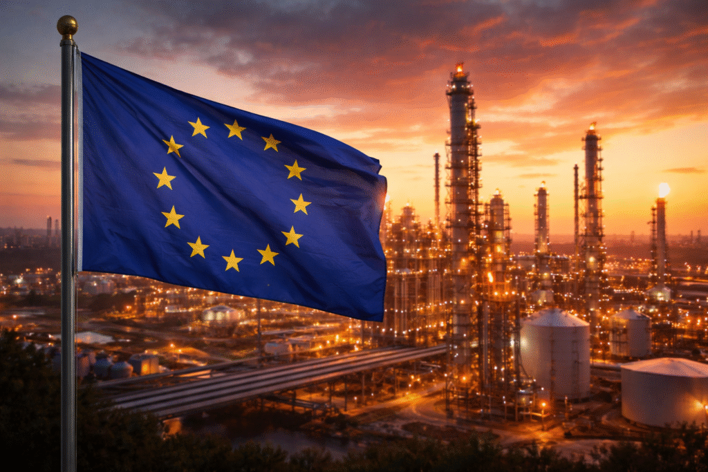 European Union flag in front of an oil refinery at sunset, symbolizing energy dependency and geopolitical tensions over Russian resources.