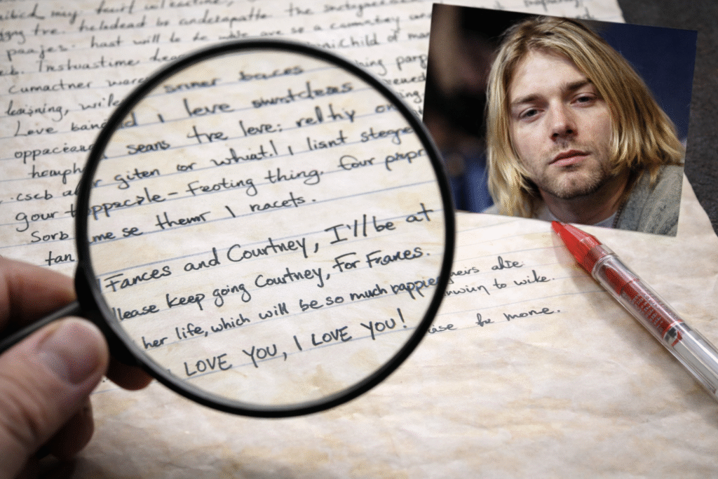 Close-up of a handwritten note examined under a magnifying glass, with a red pen beside it and a photo of Kurt Cobain in the corner, emphasizing analysis of the final lines