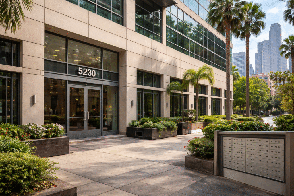 Exterior of a generic Los Angeles office building associated with multiple registered hospice providers, representing a healthcare fraud investigation.