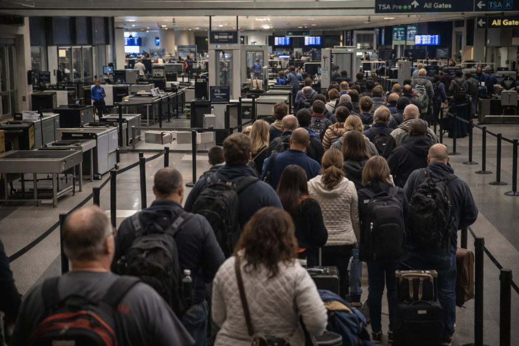 Long lines of travelers waiting at an airport security checkpoint with limited staff and visible delays in processing.