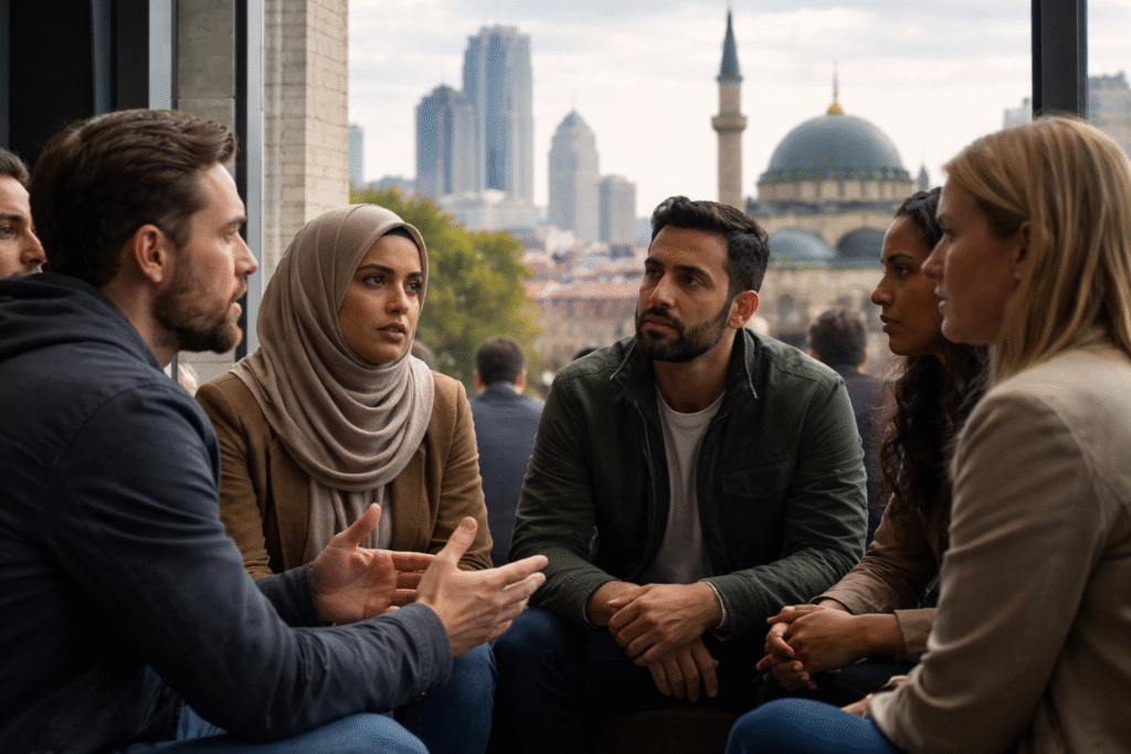 A realistic scene showing a diverse group of people in a modern city environment engaged in serious discussion, with subtle visual contrast between Western and Islamic cultural elements in the background.