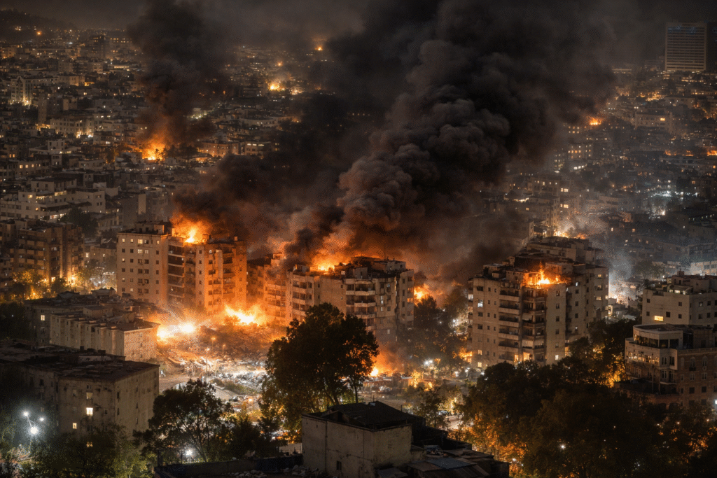 Nighttime urban area with buildings on fire and thick smoke rising, representing escalating conflict and military strikes in the Middle East.