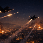 Military aircraft conducting nighttime operations over a Middle Eastern city during an active conflict.