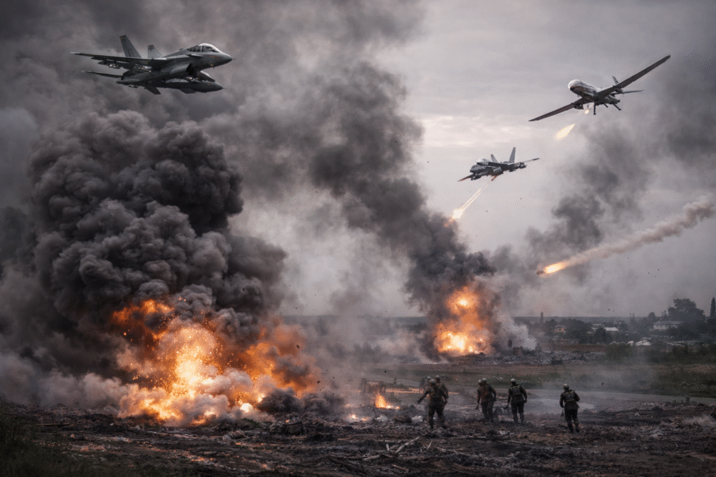 Fighter jets and drones conducting aerial strikes over a battlefield, with explosions and thick smoke rising from the ground under an overcast sky.