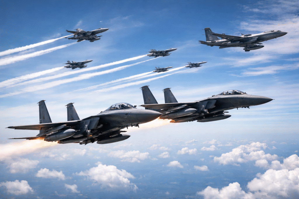Photograph of U.S. and allied military aircraft in flight with contrails against a blue sky, illustrating President Trump’s announcement of major combat operations against Iran.