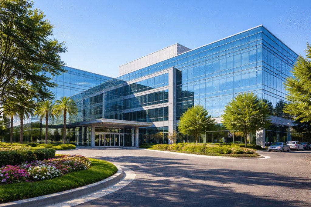 Modern corporate headquarters office building with glass facade and landscaped grounds photographed in daylight.