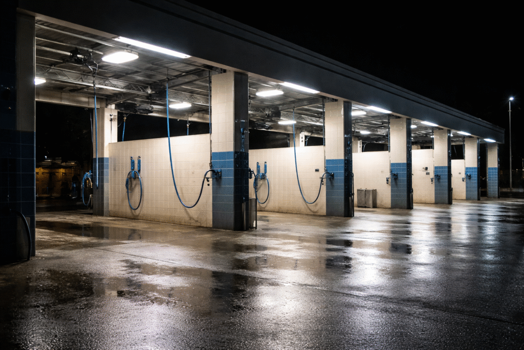 Empty commercial car wash bays at night with bright lights reflecting off wet pavement.