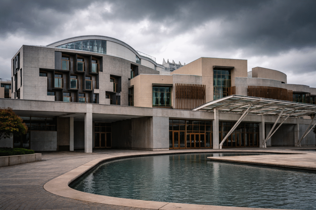 Exterior of the Scottish Parliament building under cloudy skies, representing the legislative vote on assisted dying.