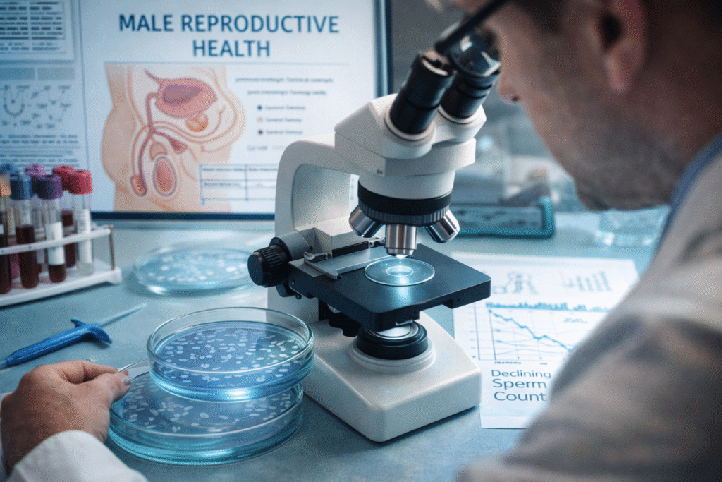 Realistic photograph representing medical research and clinical testing related to declining male fertility and sperm count analysis.