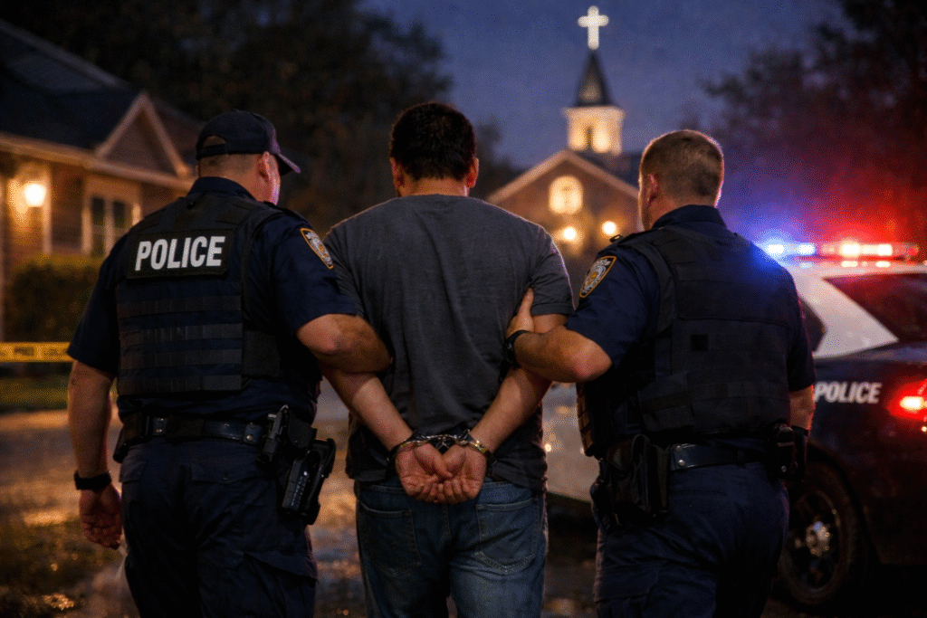 Police officers escort a handcuffed suspect near a patrol car during a nighttime arrest investigation outside a residential area with a nearby church building.