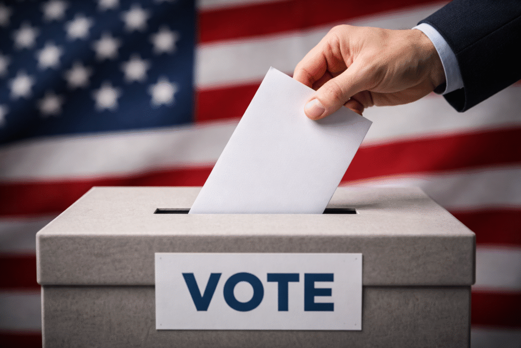 Close-up of a hand placing a ballot into a voting box with an American flag in the background, symbolizing election integrity and voter participation.