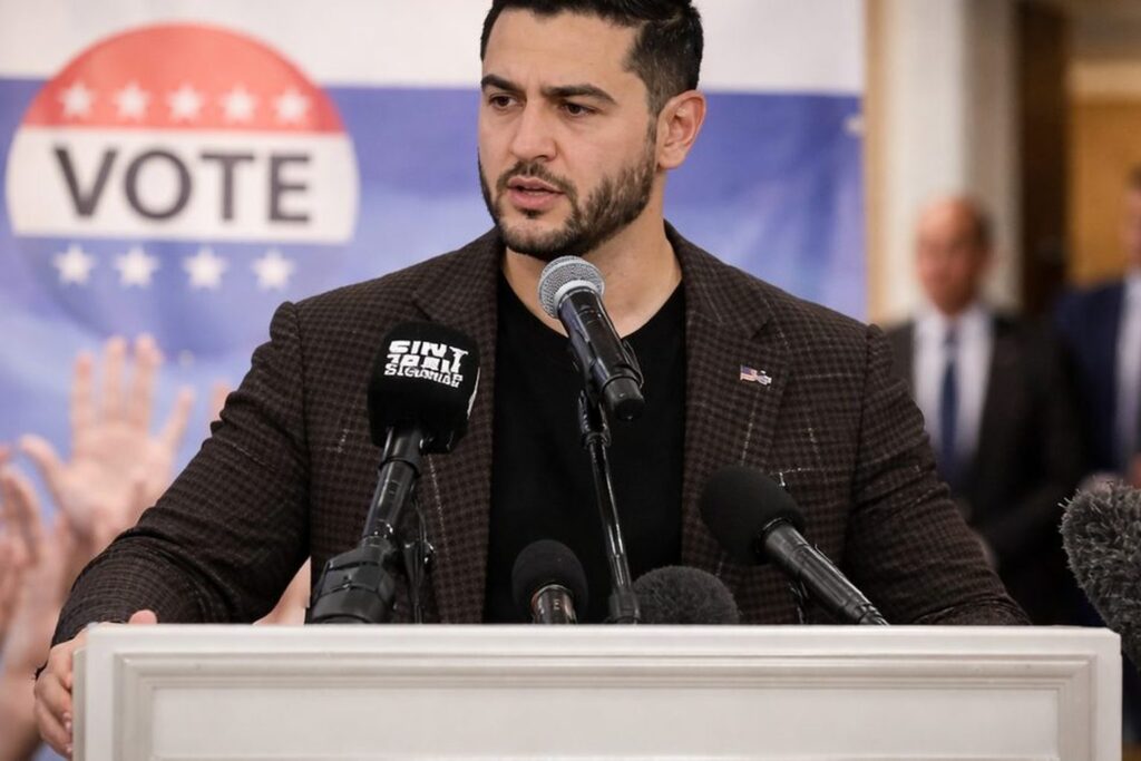 Political candidate speaking at a podium during a press conference, gesturing while addressing microphones, with supporters and campaign signage visible in the background.