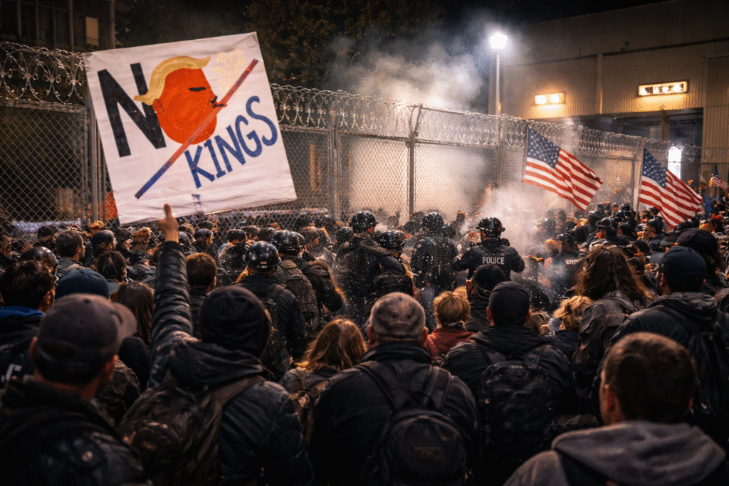 Large protest crowd gathered in a city street holding a “No Kings” sign and American flags outside a government building.