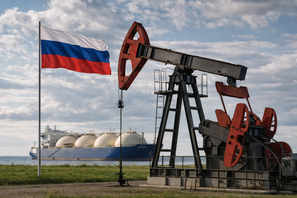 Oil and gas infrastructure with pipelines extending across a landscape, symbolizing Russia’s shift toward regional energy trade and supply routes.